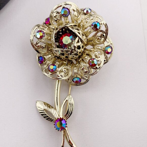 SARAH COVENTRY Rhinestone and silver tone filigree flower brooch vintage 50s pin - Picture 3 of 6